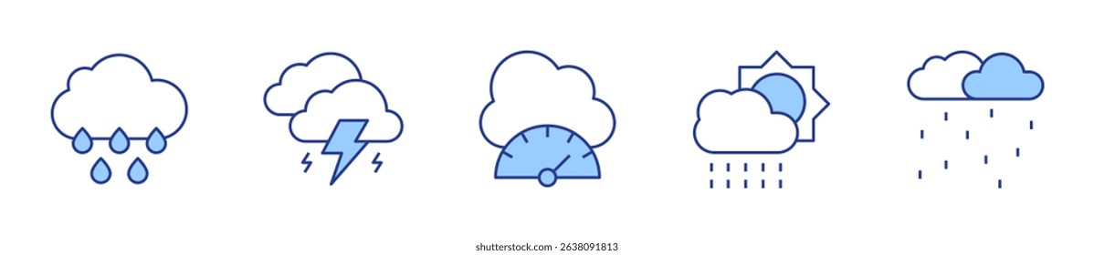 thunderstorm, rain, pressure, snow. Weather forecast Icon vector illustration. Line Duotone style. Editable stroke.