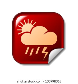 Thunderstorm, rain and sun icon on red sticker