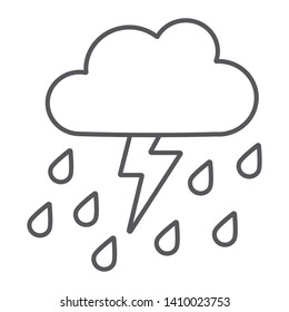 Thunderstorm with rain thin line icon, weather and forecast, thunder sign, vector graphics, a linear pattern on a white background, eps 10.