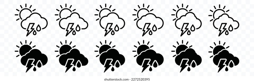 Thunderstorm rain weather icon set during the day. Cloud, sun, rain, and lightning in line and flat style icons symbol for apps and websites, vector illustration