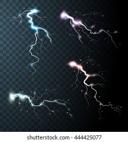 Thunderstorm realistic elements with colored flashes of lightnings  sparks on black half transparent background isolated vector illustration  