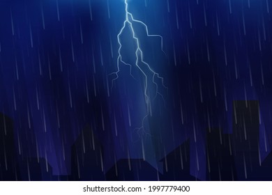 Gewitter oder Sturm in der Nacht, Vektorhintergrund oder Hintergrund. Natürliches Phänomen mit Regen und Blitz oder Blitz im Himmel. Ungünstige Wetterbedingungen in der Stadt oder in der Stadt. Stadtlandschaft nachts.