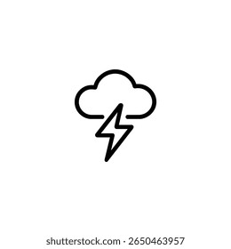Thunderstorm symbol with a cloud and a lightning bolt. Minimalist monoline icon for storm weather forecast or electricity concepts. Isolated on white.