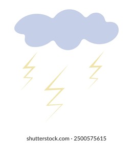 Thunderstorm. Thundercloud releases electric discharge. Three sparkling lightnings. Plum cloud. Color vector illustration. Isolated white background. Flat style. Idea for web design.