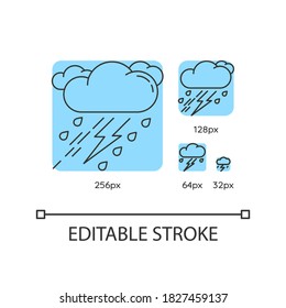 Iconos lineales turquesa de tormenta. Mal tiempo, pronóstico de meteorito. Nubes de lluvia con relámpagos. Ilustraciones vectoriales de línea delgada personalizables de 256, 128, 64 y 32 px. Símbolos de contorno. Trazo editable