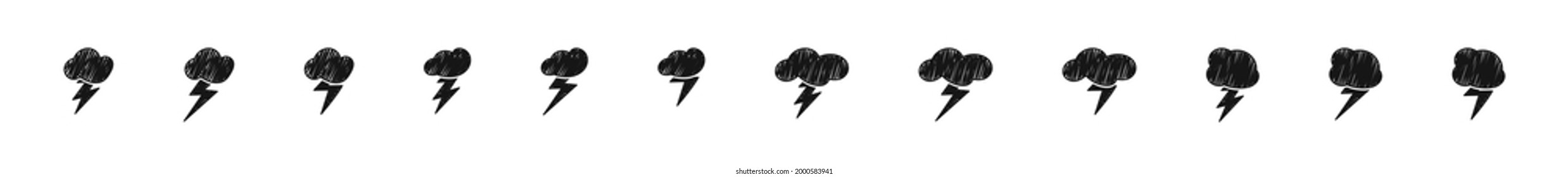 Thunderstorm vector doodle icon set, thunder bolt and cloud in scribble hand drawn style for weather forecast collection illustration.