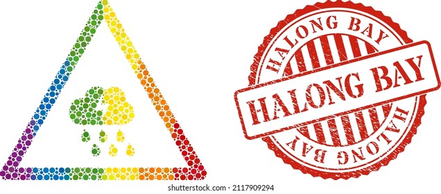 Thunderstorm warning composition icon of spheric dots in various sizes and spectrum colored shades. Red round scratched stamp with Halong Bay message.