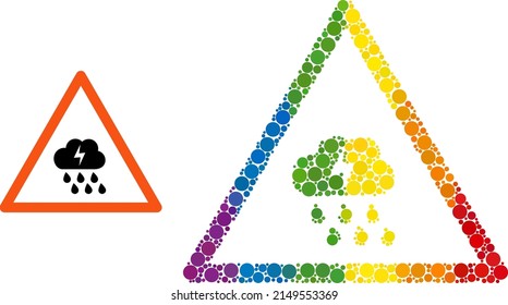 Thunderstorm warning mosaic icon of round items in variable sizes and rainbow colored color tints. A dotted LGBT-colored thunderstorm warning for lesbians, gays, bisexuals, and transgenders.
