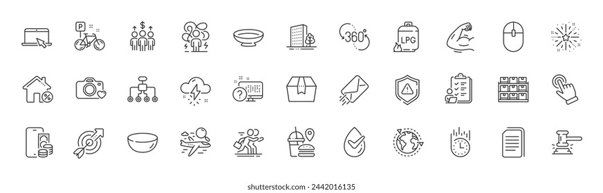 Thunderstorm weather, Checklist and 360 degree line icons. Pack of Fireworks explosion, Cursor, Fast food icon. Phone pay, Shield, Buildings pictogram. Loan house, Fast delivery, Bike. Vector