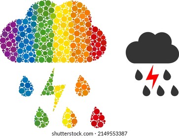 Thunderstorm weather composition icon of circle elements in various sizes and spectrum color tinges. A dotted LGBT-colored thunderstorm weather for lesbians, gays, bisexuals, and transgenders.