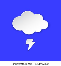 Thunderstorm Weather forecast icon. Lightning bolt, Thunderbolt and Cloud symbol paper style. Climate weather element. Trendy button for Metcast report mark, meteo mobile app, web. Vector illustration