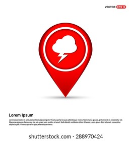 thunderstorm weather icon - abstract logo type icon - white icon in map pin point showing forecast office red background. Vector illustration