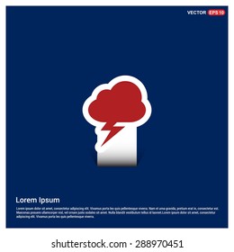 thunderstorm weather icon - abstract logo type icon - Red & white sticker icon on blue background. Vector illustration