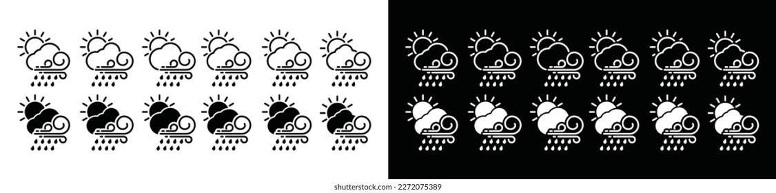 Thunderstorm weather icon set during the day. Rainstorm during the day icons collection. Cloud, sun, rain, and wind in line and flat style icon symbol for apps and websites, vectyor illustration