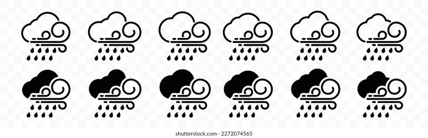 Gewitter-Wettersymbol eingestellt. Sammlung von Regenwettersymbolen. Wolken, Regen und Wind mit einem Symbol für Linien- und Flachstil für Apps und Websites, Vektorgrafik
