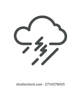 Wettersymbol für Gewitter. Dünne Linienwolke mit Blitz und Regen Illustration für schwere Sturmvorhersage und elektrische Wettergefahr. Isolierte Kontur-Vektorsymbol, bearbeitbares Strichpiktogramm