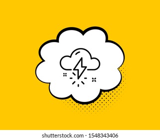 Thunderstorm weather line icon. Comic speech bubble. Thunderbolt with cloud sign. Bad day symbol. Yellow background with chat bubble. Thunderstorm weather icon. Colorful banner. Vector