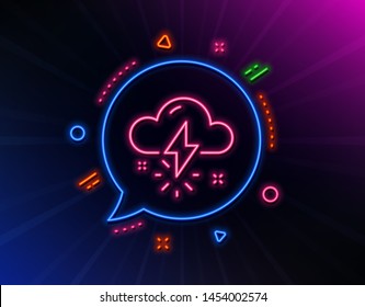 Thunderstorm weather line icon. Neon laser lights. Thunderbolt with cloud sign. Bad day symbol. Glow laser speech bubble. Neon lights chat bubble. Banner badge with thunderstorm weather icon. Vector