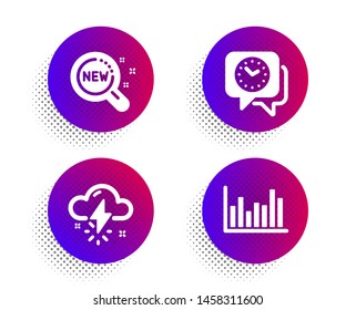 Thunderstorm weather, New products and Clock icons simple set. Halftone dots button. Bar diagram sign. Thunder bolt, Search, Time. Statistics infochart. Science set. Vector