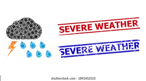 Thunderstorm weather star pattern and grunge Severe Weather stamps. Red and blue stamps with scratched style and Severe Weather tag.