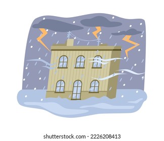 Thunderstorms with bolts lightning, grey clouds and hail or heavy rain with snowflakes. Blizzard and natural disaster, cataclysm and catastrophe. Vector in flat style