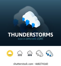 Thunderstorms color icon, vector symbol in flat, outline and isometric style isolated on blur background