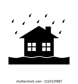 Thunderstorms Water Rain Drop Flooding Damage House Flat Vector Black Icon Design.