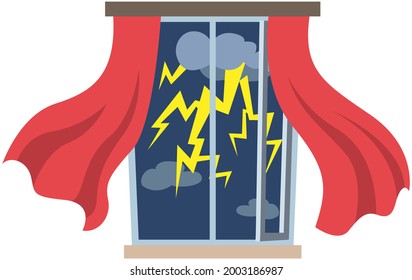 Thunderstorms and window in rainy season. Curtains are blown away by strong wind. Windy weather, rain, thunder, lightning outside window. View of rainy bad weather, thunderstorm vector illustration