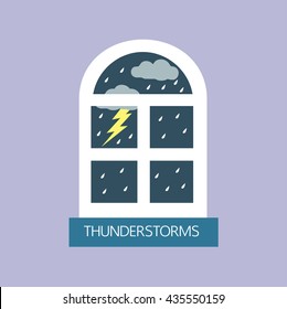 Thunderstorms and window in rainy season. Night Vector of flat illustration.