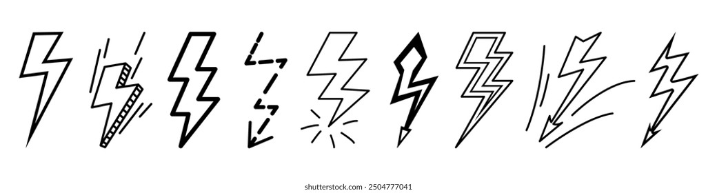 Thunderstroke collection, isolated set of electrical discharge. Vector thunderbolt icons in doodle style, hand drawn scribble flash of lightning outlines. Burst of light, energy bolt symbols