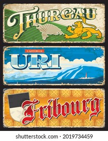 Thurgau, Uri und Freiburg Schweiz Schweizer Kantone Regionen Grunge Retro Blechschilder, Destination Banner mit antiken Typografie. Kantonskarte und Wappen-Löwe, Landmarken und Flagge