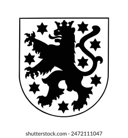 Ilustración de la silueta del Vector del escudo de armas de Thuringen aislado en el fondo. Provincia en Alemania. Elemento de indicador Thuringen. Símbolo heráldico de Turingia, Alemania. León heráldico con corona.