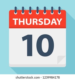 Thursday 10 - Calendar Icon. Vector illustration of week day paper leaf.