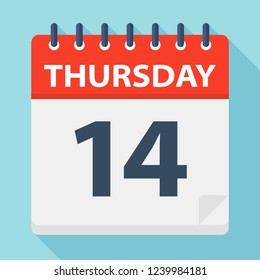 Thursday 14 - Calendar Icon. Vector illustration of week day paper leaf.
