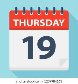 Thursday 19 - Calendar Icon. Vector illustration of week day paper leaf.
