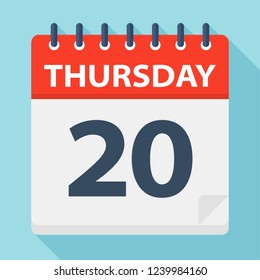 Thursday 20 - Calendar Icon. Vector illustration of week day paper leaf.
