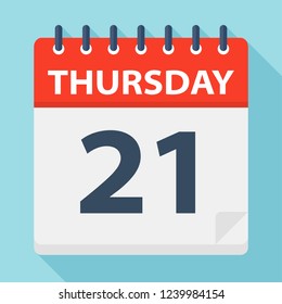 Thursday 21 - Calendar Icon. Vector illustration of week day paper leaf.