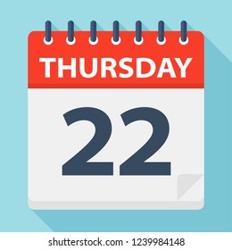 Thursday 22 - Calendar Icon. Vector illustration of week day paper leaf.