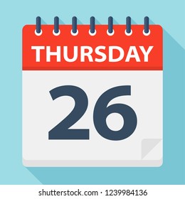 Thursday 26 - Calendar Icon. Vector illustration of week day paper leaf.