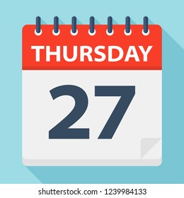 Thursday 27 - Calendar Icon. Vector illustration of week day paper leaf.