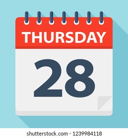 Thursday 28 - Calendar Icon. Vector illustration of week day paper leaf.