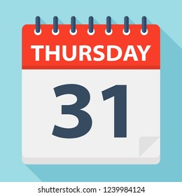 Thursday 31 - Calendar Icon. Vector illustration of week day paper leaf.