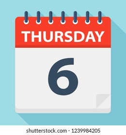 Thursday 6 - Calendar Icon. Vector illustration of week day paper leaf.