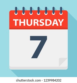 Thursday 7 - Calendar Icon. Vector illustration of week day paper leaf.