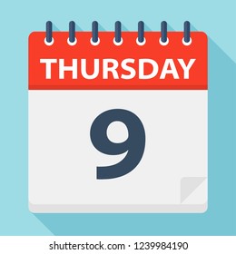Thursday 9 - Calendar Icon. Vector illustration of week day paper leaf.