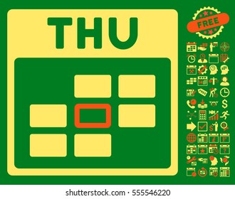 Thursday Calendar Grid icon with bonus calendar and time management images. Vector illustration style is flat iconic symbols, orange and yellow, green background.