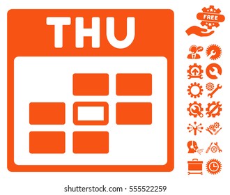 Thursday Calendar Grid pictograph with bonus settings pictograph collection. Vector illustration style is flat iconic symbols, orange, white background.