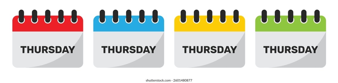 Thursday calendar icon set in red, blue, yellow and green. Set of flat thursday calendar icons isolated on a white background.