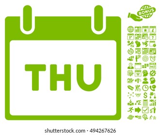 Thursday Calendar Page icon with bonus calendar and time management clip art. Vector illustration style is flat iconic symbols, eco green color, white background.