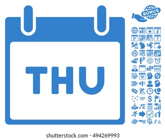 Thursday Calendar Page icon with bonus calendar and time management pictures. Vector illustration style is flat iconic symbols, cobalt color, white background.